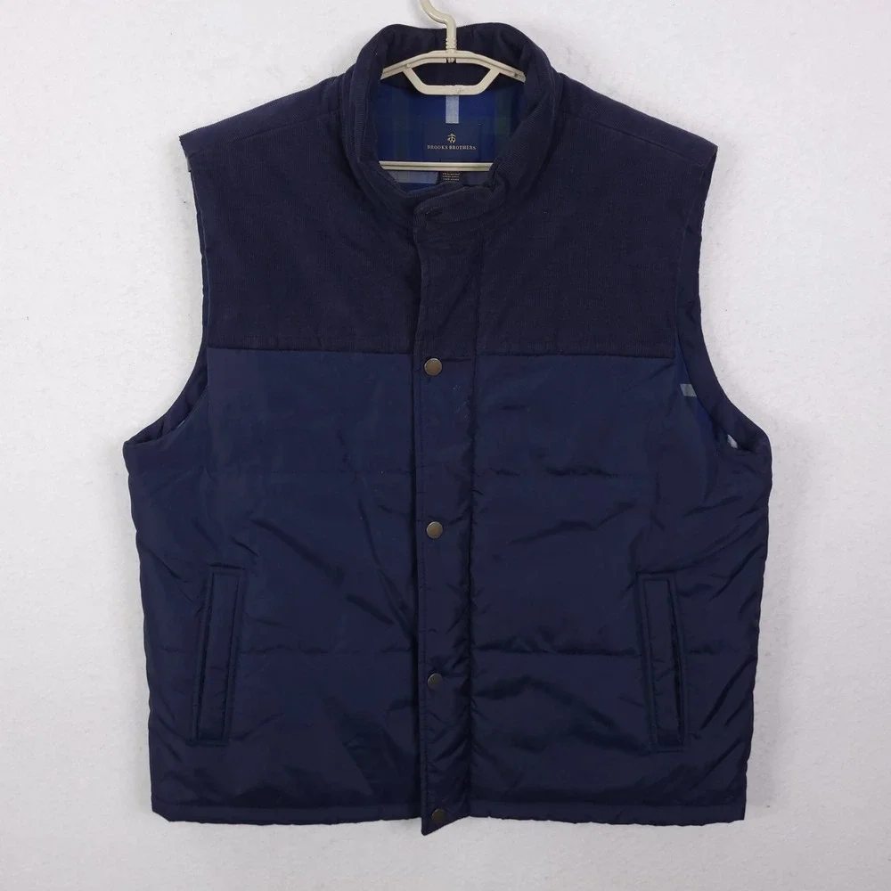 Brooks Brothers Puffer Vest Mens XXL Navy Blue Corduroy Yoke Plaid Lined Quilted